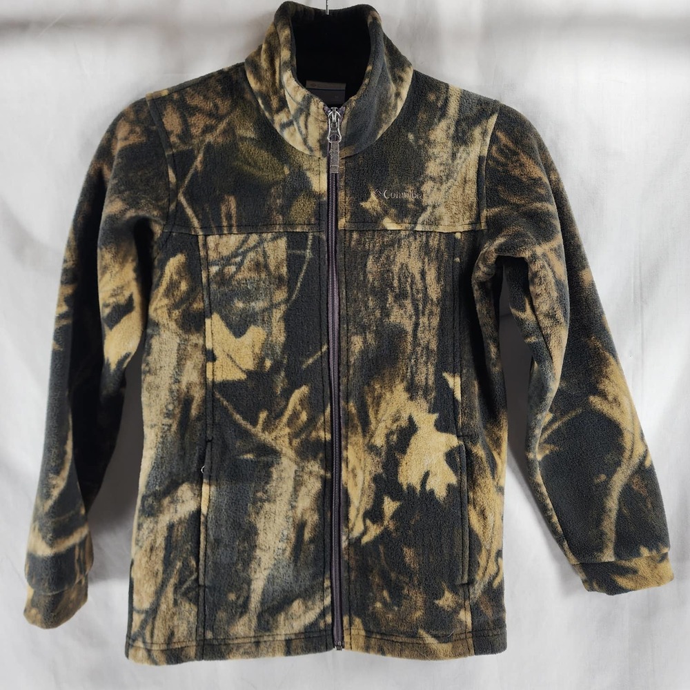 Kids Size Medium Columbia Full Zip Fleece Print Woods Polyester Brown & Green
